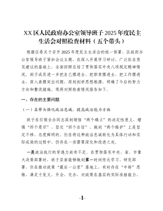XX区人民政府办公室领导班子2025年度民主生活会对照检查材料（五个带头）