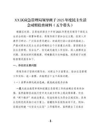 XX区应急管理局领导班子2025年度民主生活会对照检查材料（五个带头）