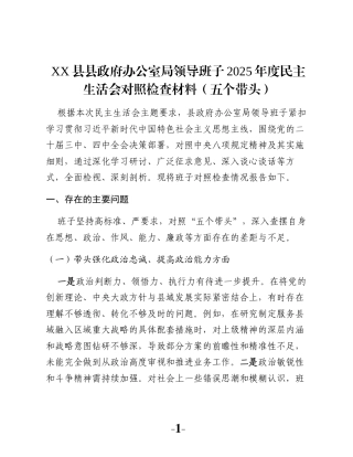 XX县县政府办公室局领导班子2025年度民主生活会对照检查材料（五个带头）