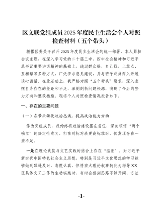 区文联党组成员2025年度民主生活会个人对照检查材料（五个带头）