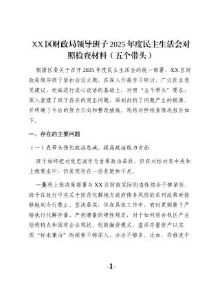 XX区财政局领导班子2025年度民主生活会对照检查材料（五个带头）