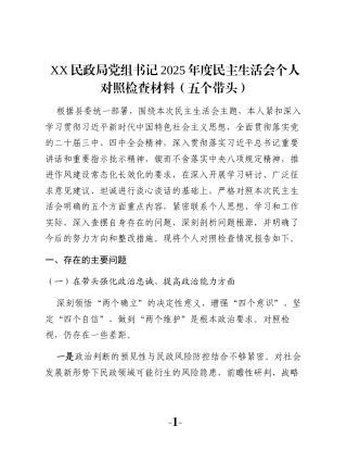 XX民政局党组书记2025年度民主生活会个人对照检查材料（五个带头）