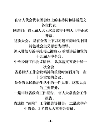 在省人代会代表团会议上的主持词和讲话范文