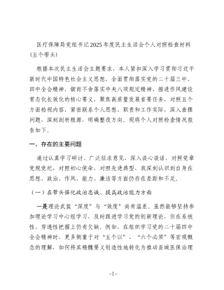 医疗保障局党组书记2025年度民主生活会个人对照检查材料(五个带头)