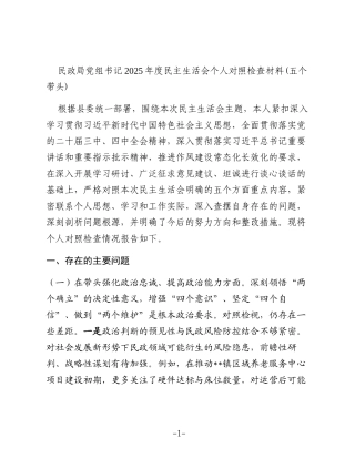民政局党组书记2025年度民主生活会个人对照检查材料(五个带头)