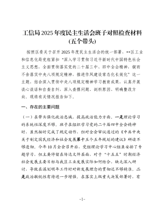 工信局2025年度民主生活会班子对照检查材料(五个带头)