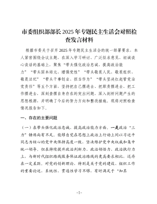 市委组织部部长2025年专题民主生活会对照检查发言材料
