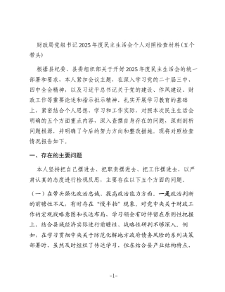 财政局党组书记2025年度民主生活会个人对照检查材料(五个带头)