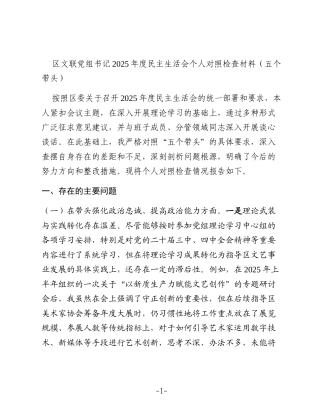 区文联党组书记2025年度民主生活会个人对照检查材料（五个带头）