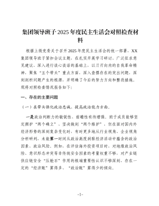 集团领导班子2025年度民主生活会对照检查材料（五个带头）