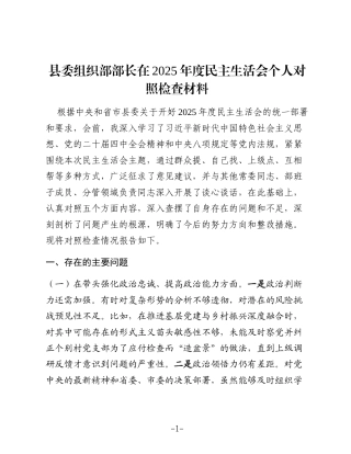 县委组织部部长在2025年度民主生活会个人对照检查材料（五个带头）