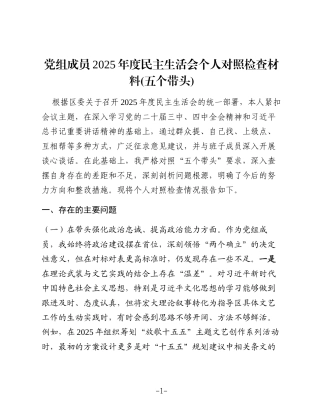 党组成员2025年度民主生活会个人对照检查材料(五个带头)