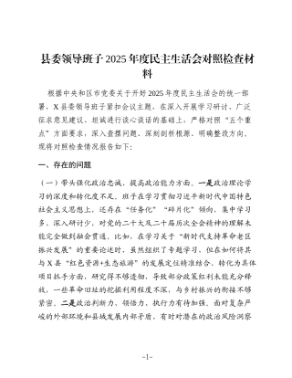 县委领导班子2025年度民主生活会对照检查材料（五个带头）