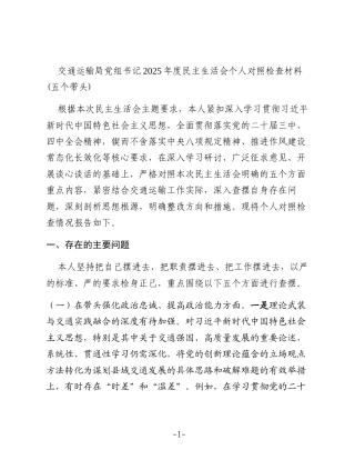 交通运输局党组书记2025年度民主生活会个人对照检查材料(五个带头)