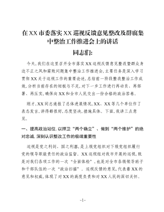 在XX市委落实XX巡视反馈意见整改及群腐集中整治工作推进会上的讲话