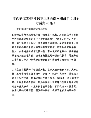 市直单位2025年民主生活查摆问题清单（四个方面共20条）