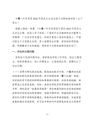 市第一中学党委2025年度民主生活会班子对照检查材料（五个带头）