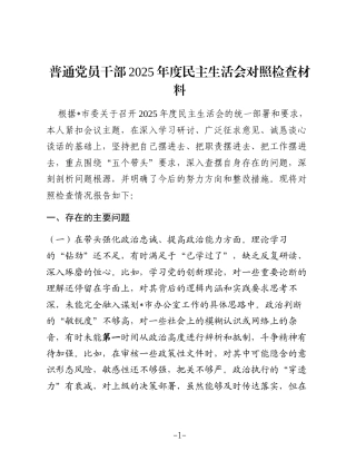 普通党员干部2025年度民主生活会对照检查材料（五个带头）
