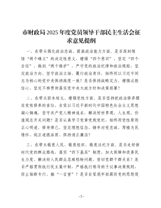 市财政局2025年度党员领导干部民主生活会征求意见提纲