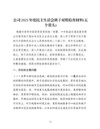 公司2025年度民主生活会班子对照检查材料(五个带头) (2)