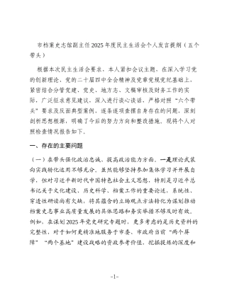 市档案史志馆副主任2025年度民主生活会个人发言提纲（五个带头）
