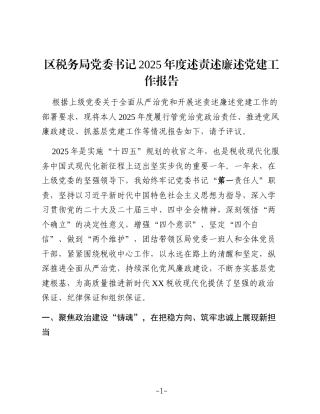 区税务局党委书记2025年度述责述廉述党建工作报告