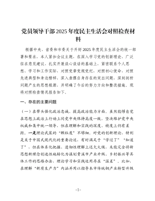 党员领导干部2025年度民主生活会对照检查材料（五个带头）
