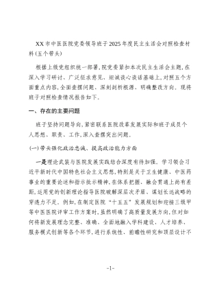 XX市中医医院党委领导班子2025年度民主生活会对照检查材料(五个带头)