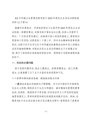 XX市环境卫生管理处领导班子2025年度民主生活会对照检查材料(五个带头)