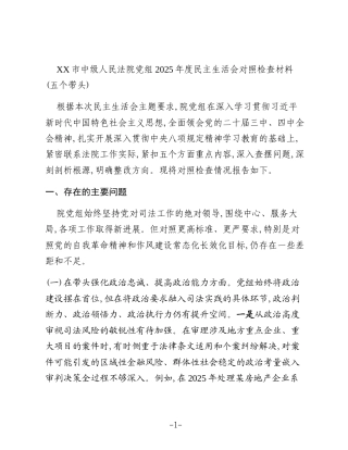 XX市中级人民法院党组2025年度民主生活会对照检查材料（五个带头）