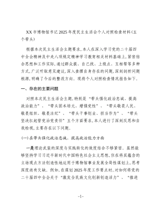 XX市博物馆书记2025年度民主生活会个人对照检查材料(五个带头)