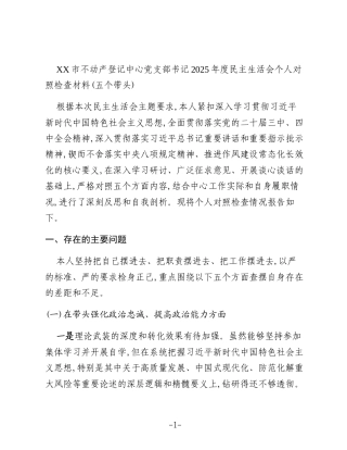 XX市不动产登记中心党支部书记2025年度民主生活会个人对照检查材料(五个带头)