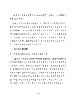 XX职业技术学院党委书记2025年度民主生活会个人对照检查材料(五个带头)
