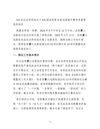 XX县信访局党组关于XX届县委第X轮巡察集中整改进展情况的报告