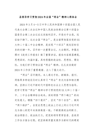县领导学习贯彻2024年全国“两会”精神心得体会