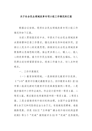 关于社会民生领域改革专项小组工作情况的汇报.