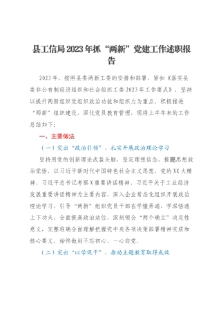 县工信局2023年抓“两新”党建工作述职报告