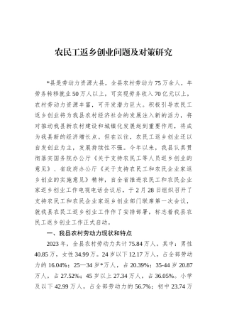 农民工返乡创业问题及对策研究