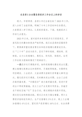 在县委X全会暨县委经济工作会议上的讲话