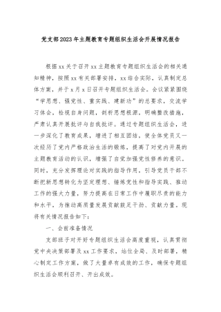 党支部2023年主题教育专题组织生活会开展情况报告.