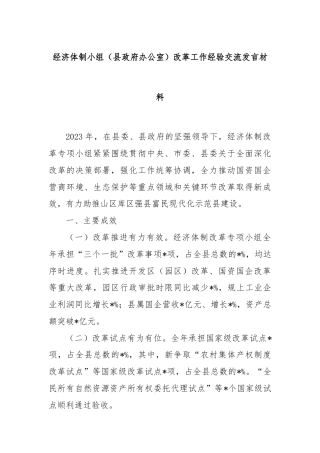经济体制小组（县政府办公室）改革工作经验交流发言材料
