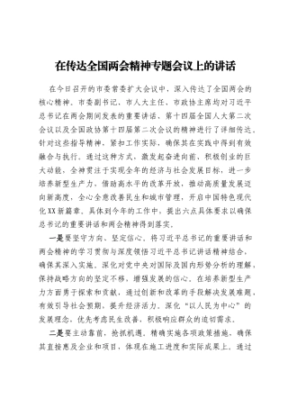 在传达全国两会精神专题会议上的讲话