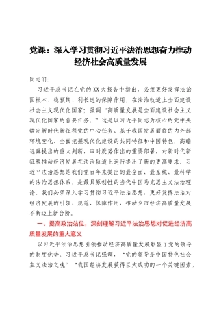 党课：深入学习贯彻习近平法治思想奋力推动经济社会高质量发展