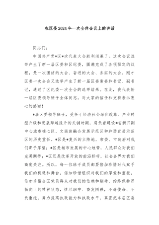 在区委2024年一次全体会议上的讲话