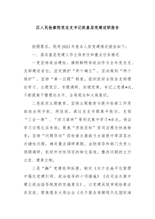 区人民检察院党总支书记抓基层党建述职报告