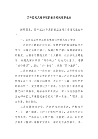 区科协党支部书记抓基层党建述职报告
