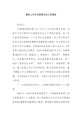 国有上市公司党委全会工作报告