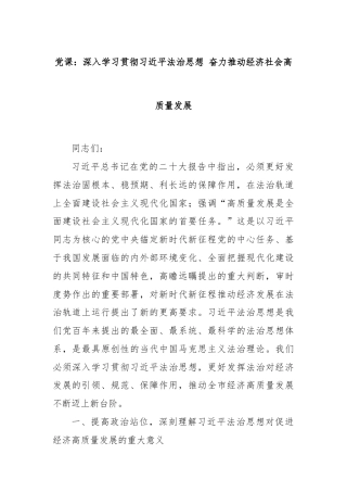 党课：深入学习贯彻习近平法治思想 奋力推动经济社会高质量发展