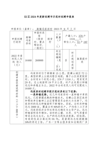XX区2024年度新创建市示范村创建申报表
