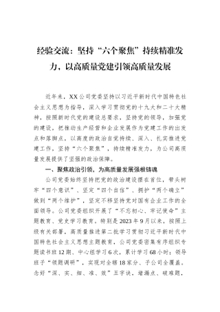 经验交流：坚持“六个聚焦”持续精准发力，以高质量党建引领高质量发展